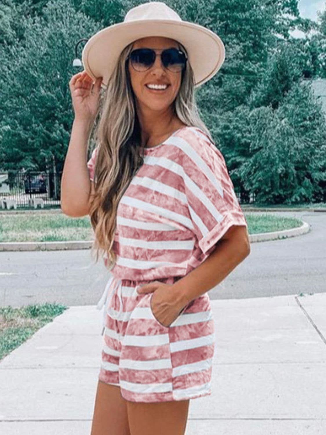 Striped Round Neck Top and Shorts Set.