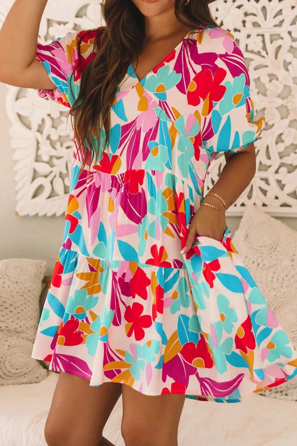 Floral Bubble Sleeve V Neck Tiered Ruffle Babydoll Dress Simply Love