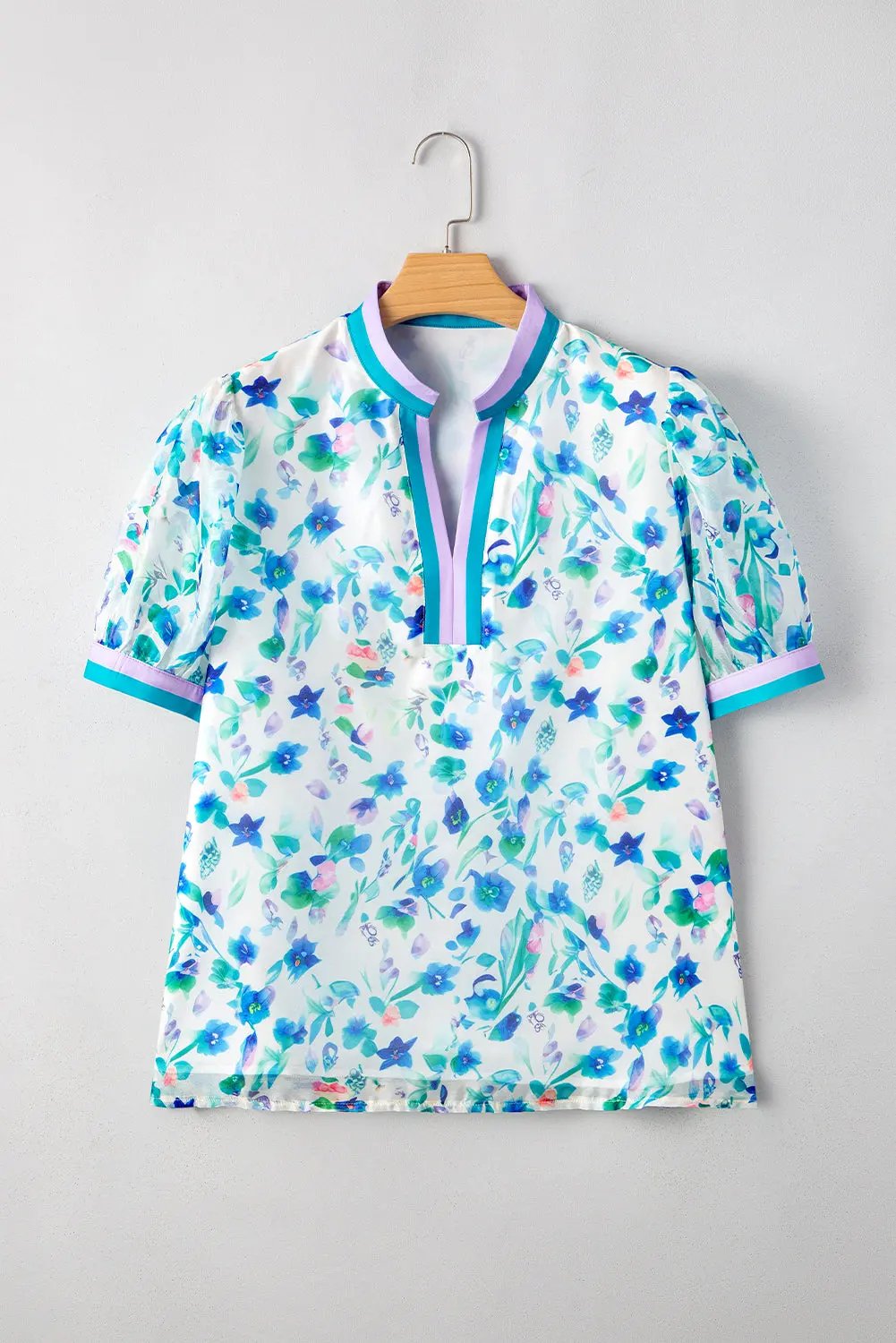 Green Floral Print Colorblock Edge Puff Sleeve Split Neck Plus Size Blouse Love Salve