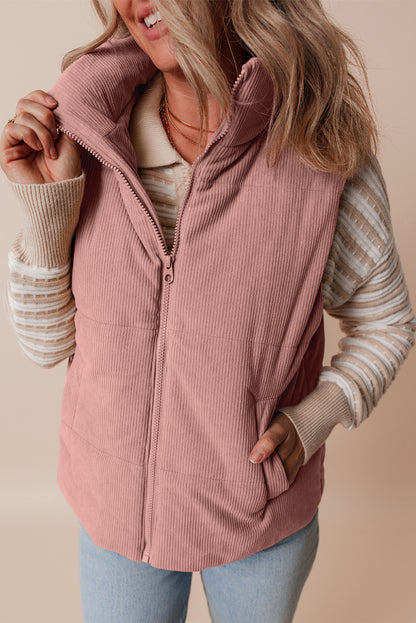 Apricot Pink Corduroy Stand Neck Zipped Puffer Vest by De...