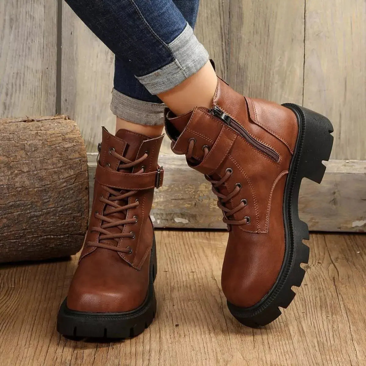 Lace-Up Buckle Accent Block Heel Boots Simply Love