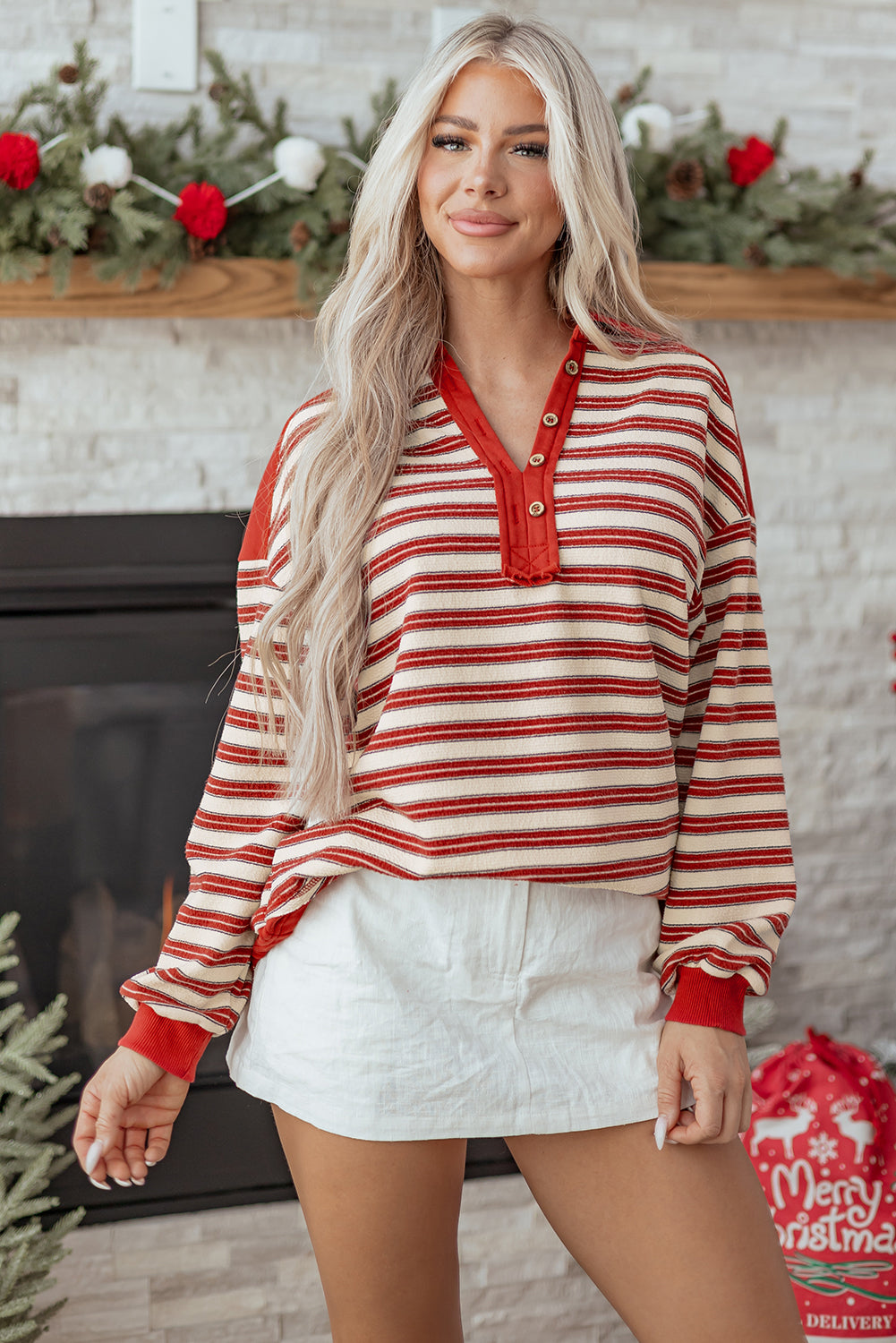 Red Stripe Buttoned V Neck Collared Drop Shoulder Top Love Salve