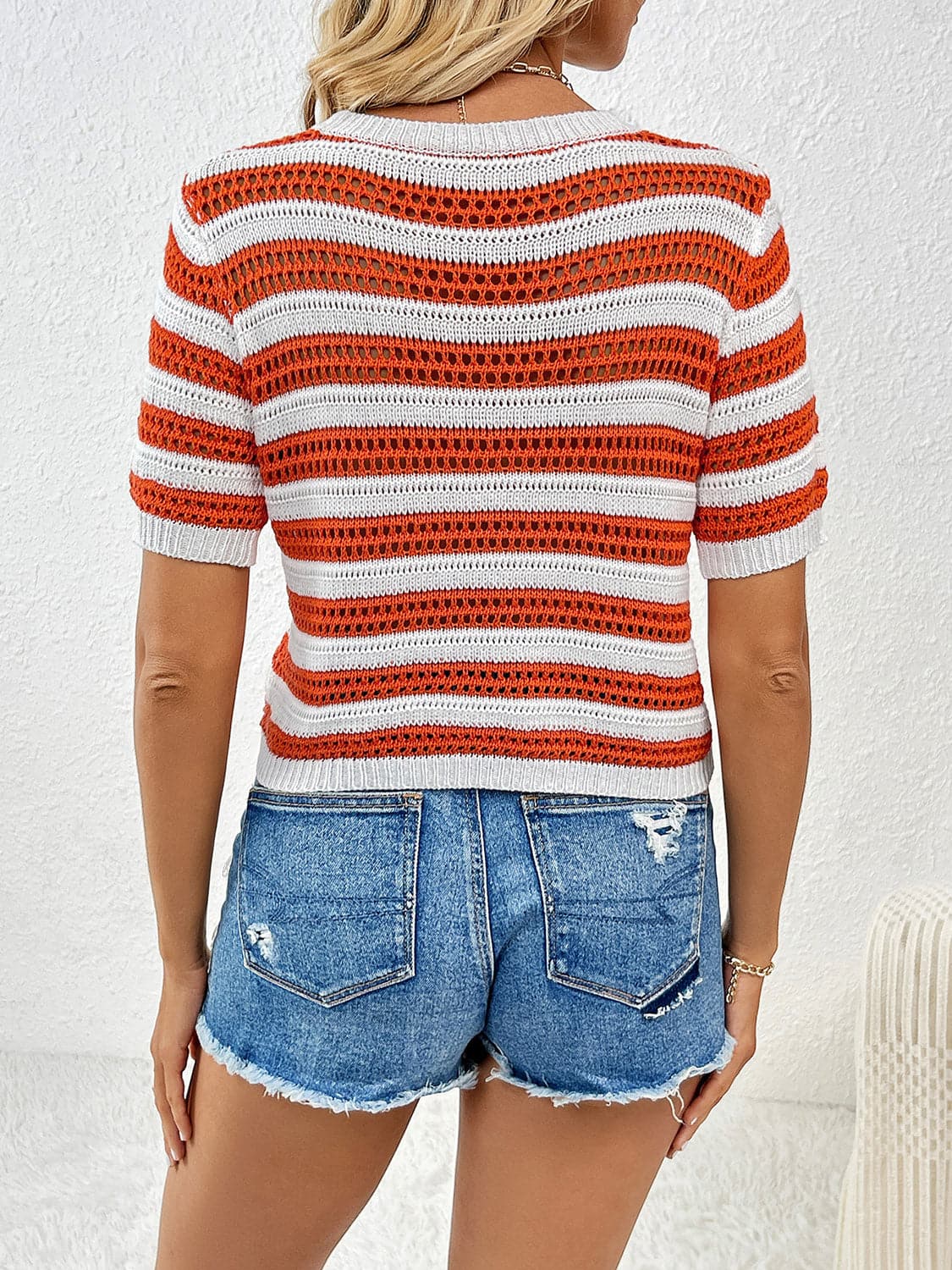 Openwork Striped Round Neck Short Sleeve Knit Top.