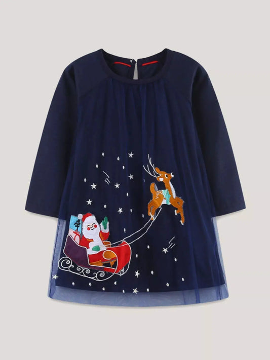 Children's Christmas Santa & Reindeer Embroidered Tulle Dress Simply Love