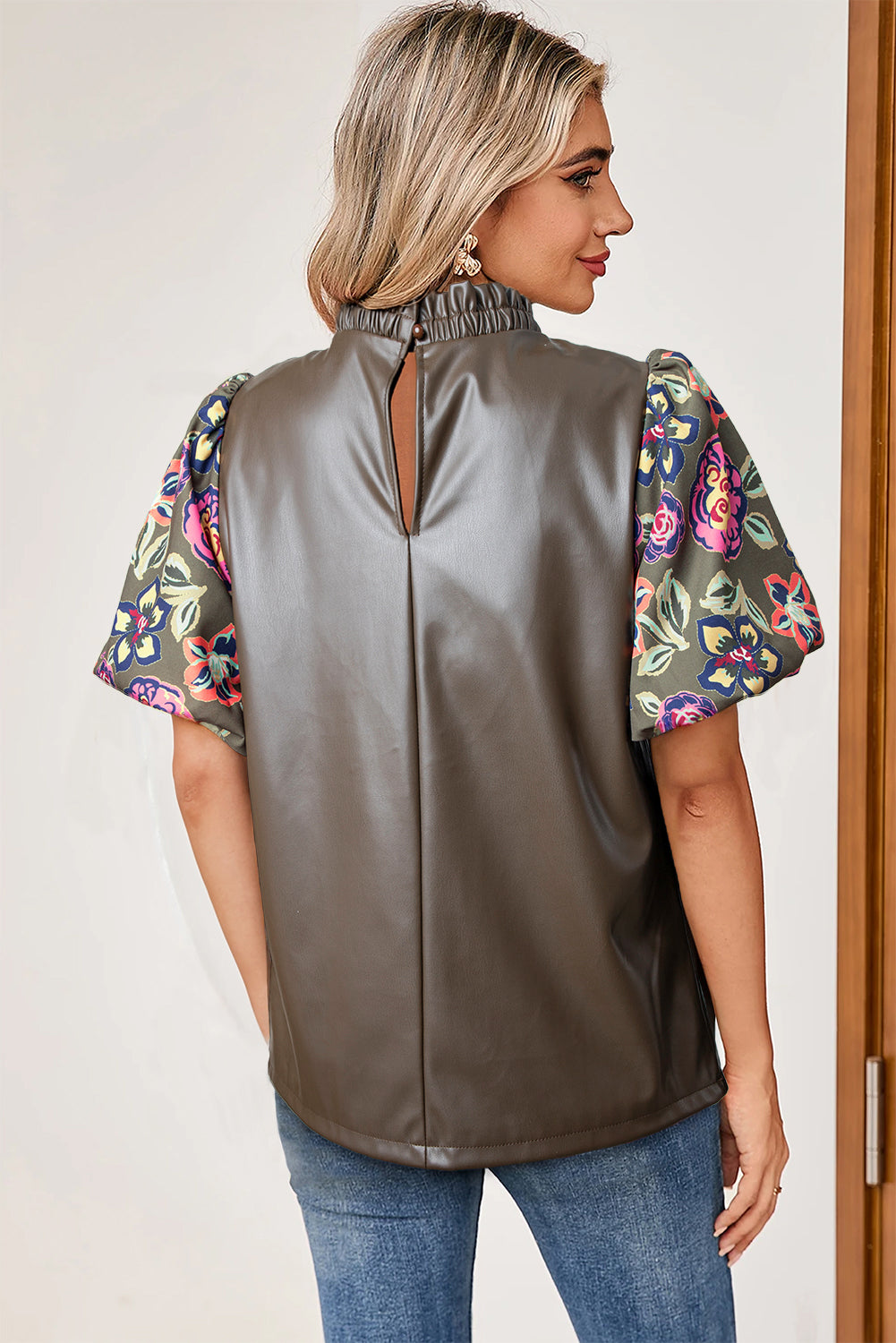 Faux Leather Floral Bubble Sleeve Shift Blouse with Frilled Stand Neck in Four Leaf Clover