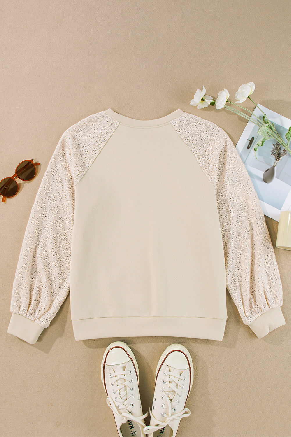 Chic parchment eyelet knit patchwork pullover with raglan sleeves