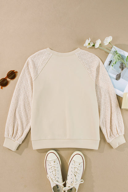 Chic parchment eyelet knit patchwork pullover with raglan sleeves