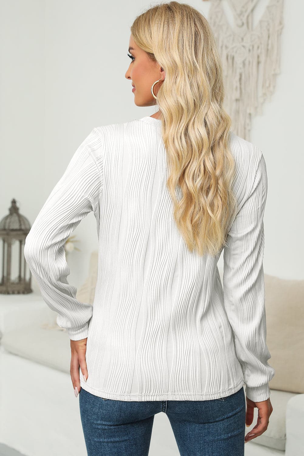 Textured Round Neck Long Sleeve Blouse.