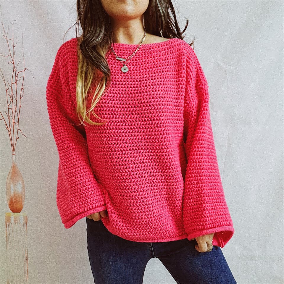 Openwork Boat Neck Long Sleeve Sweater.