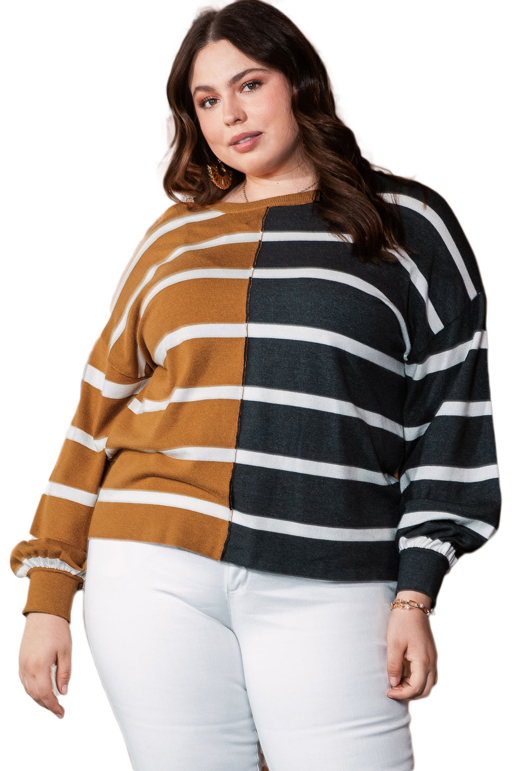 Trendy plus size striped colorblock loose-fit top