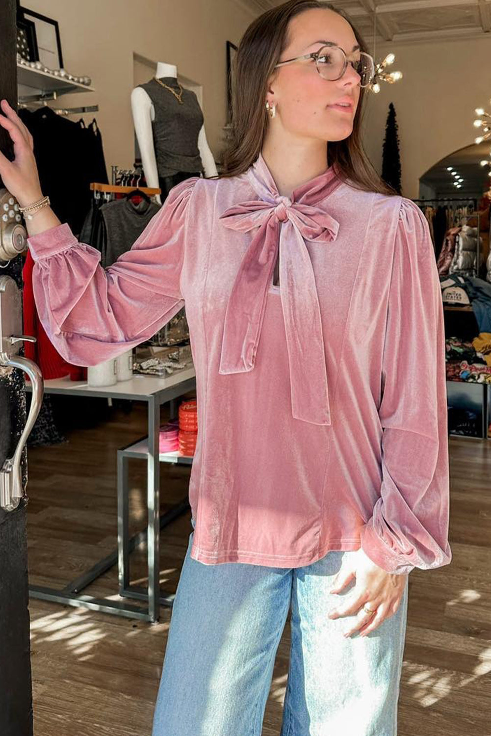 Fuchsia Velvet Ribbon Bow Knot Long Sleeve Blouse For Women Solid Color Casual Top Dear-Lover Dropshipping