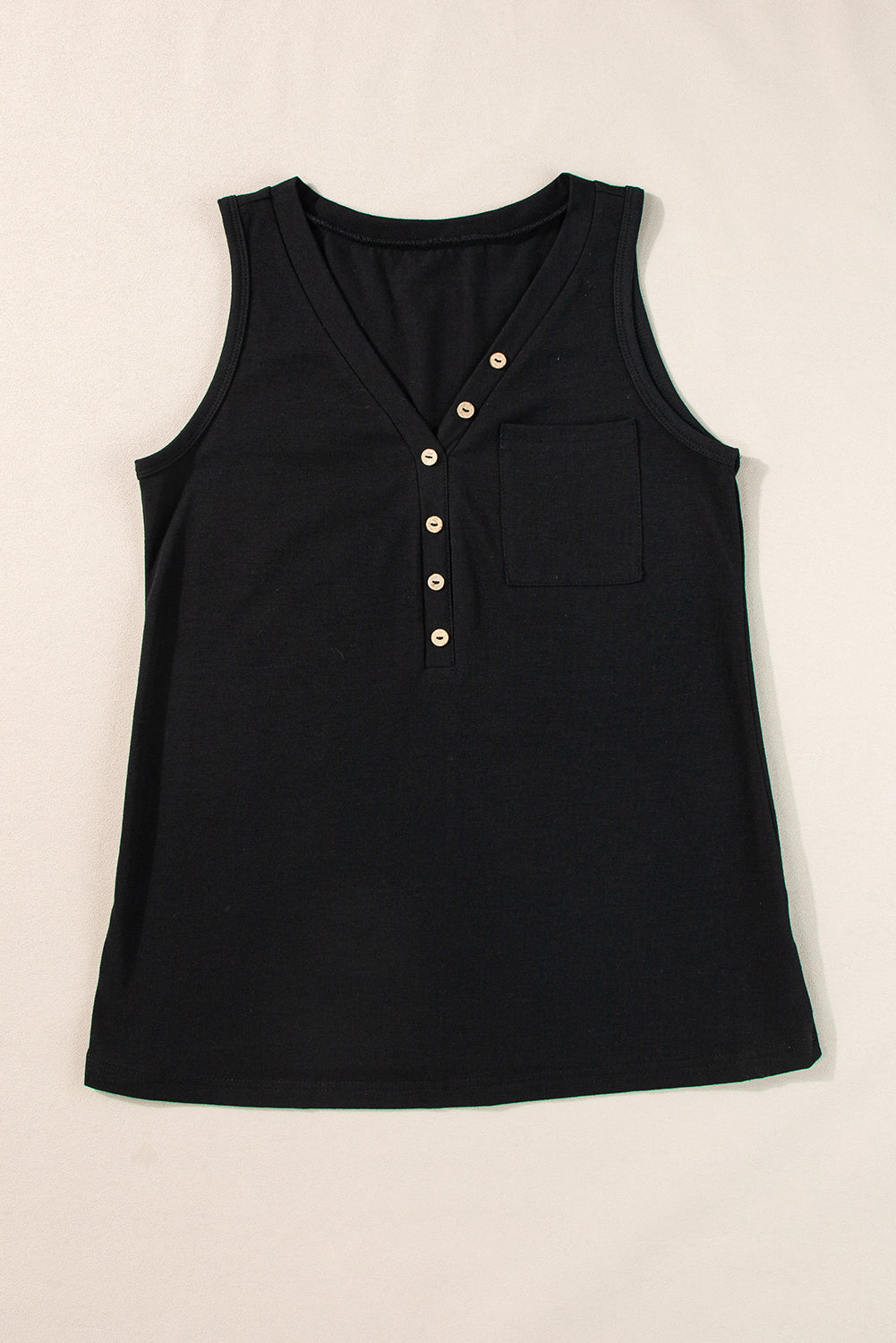 Chic black v-neck tank top with half buttons and patched pocket