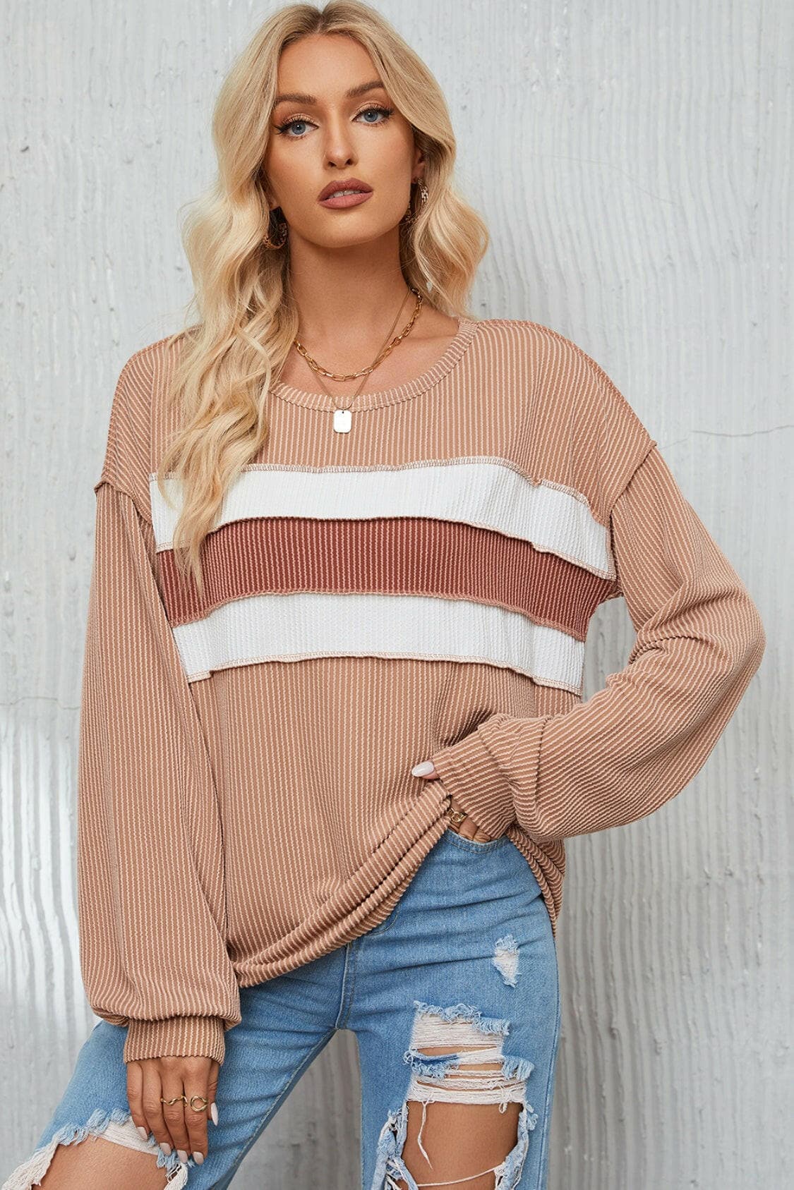 Ribbed Color Block Exposed Seam Round Neck Blouse.