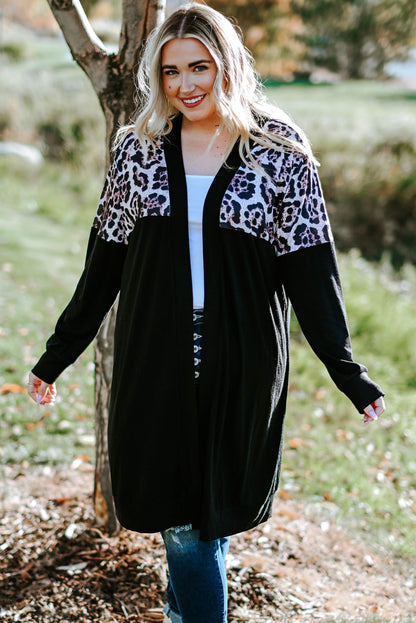 Chic black cardigan with leopard print accents