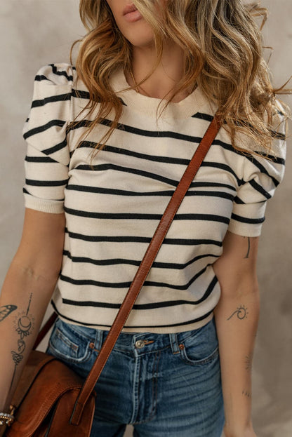 Striped Round Neck Puff Sleeve Knit Top.