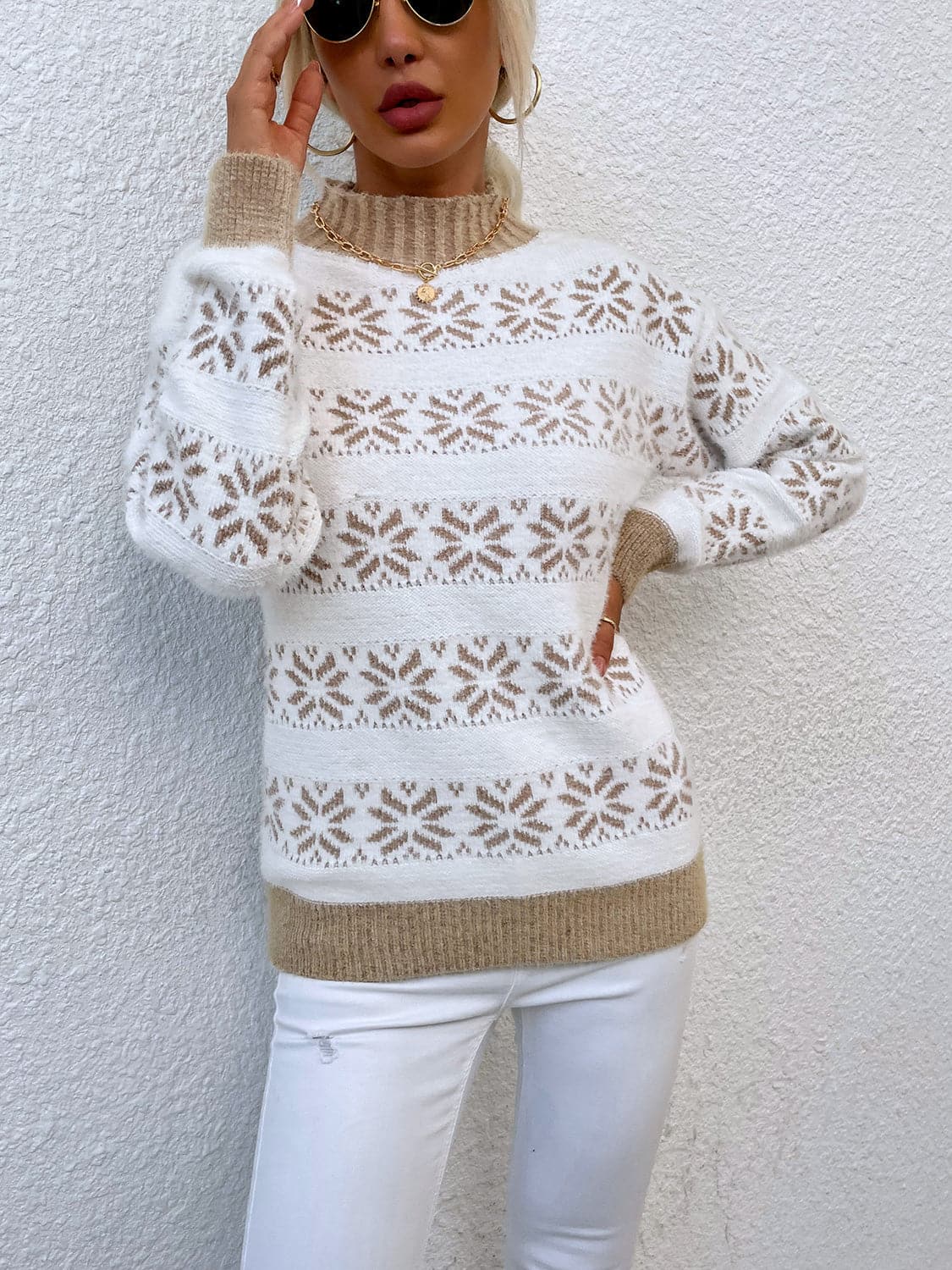 Snowflake Pattern Mock Neck Sweater.