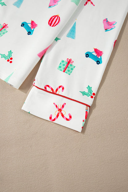 Festive White Christmas Lapel Shirt and Pants Sleep Set