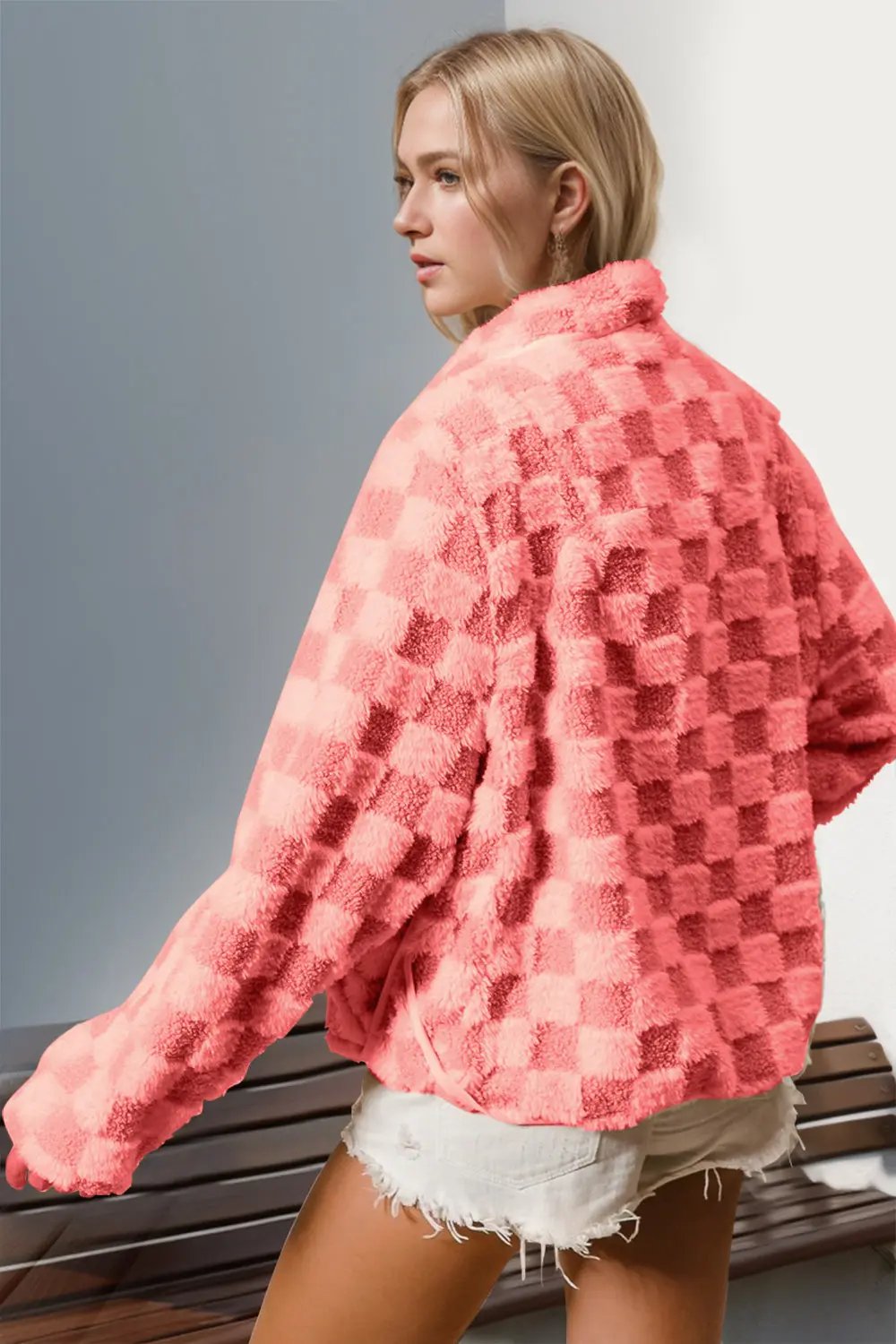 Double Take Checkered Long Sleeve Fuzzy Jacket - Love Salve