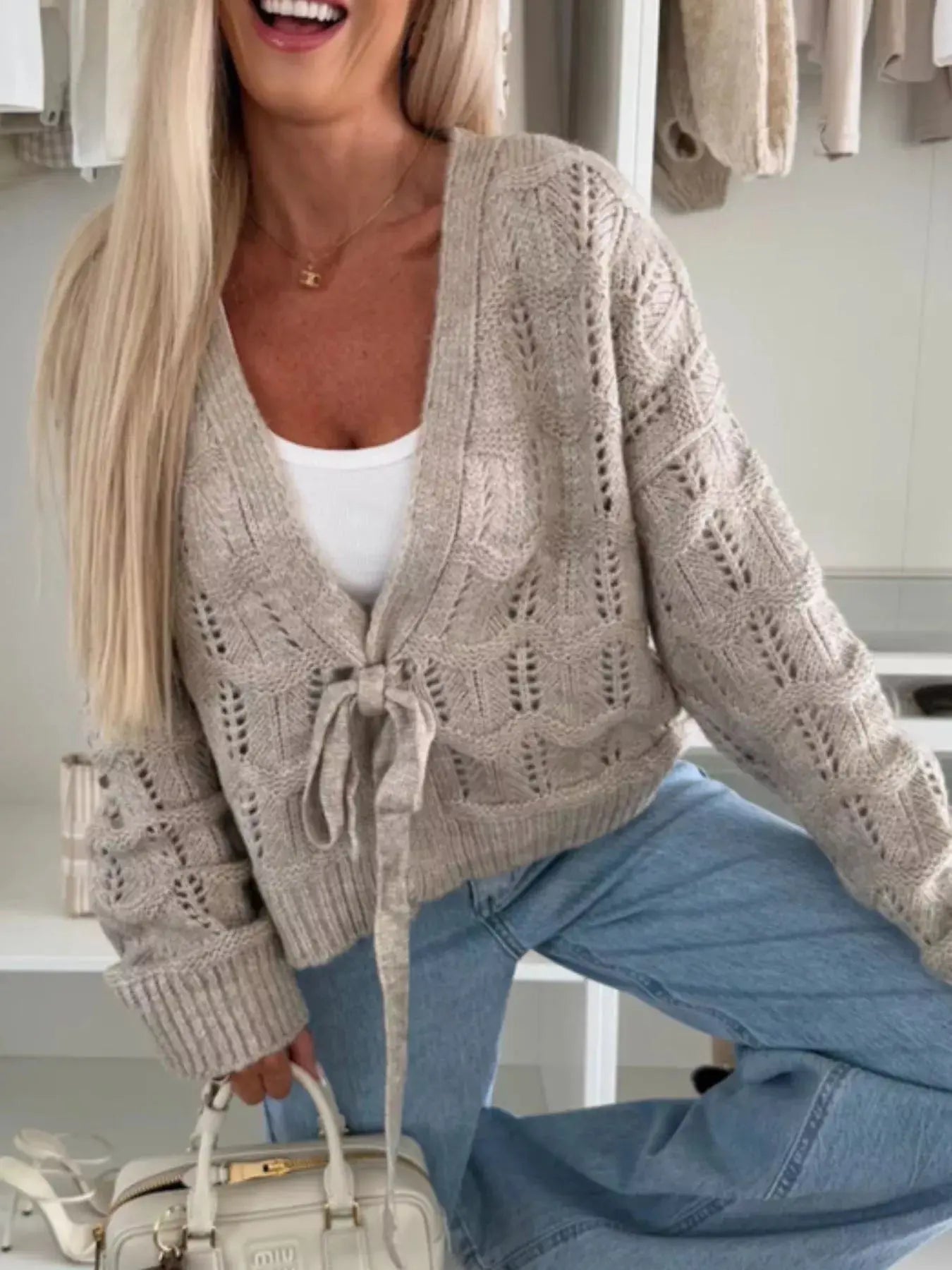 Tie-Front Openwork Cardigan Simply Love