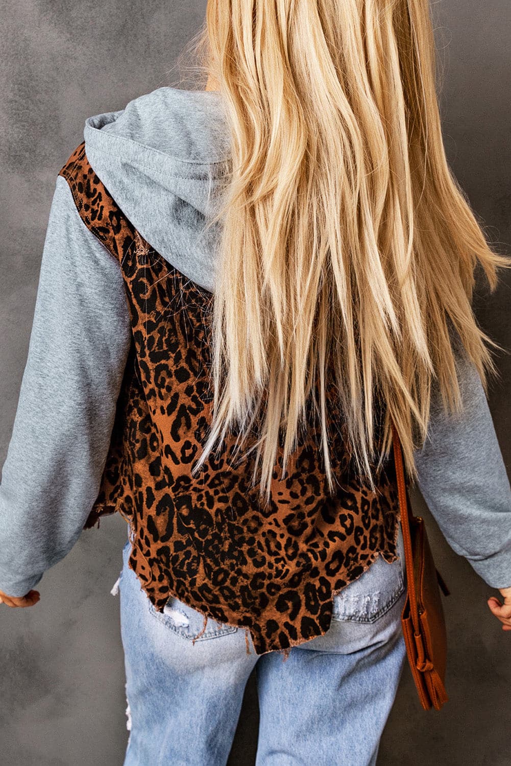 Leopard Distressed Drawstring Hooded Denim Jacket.