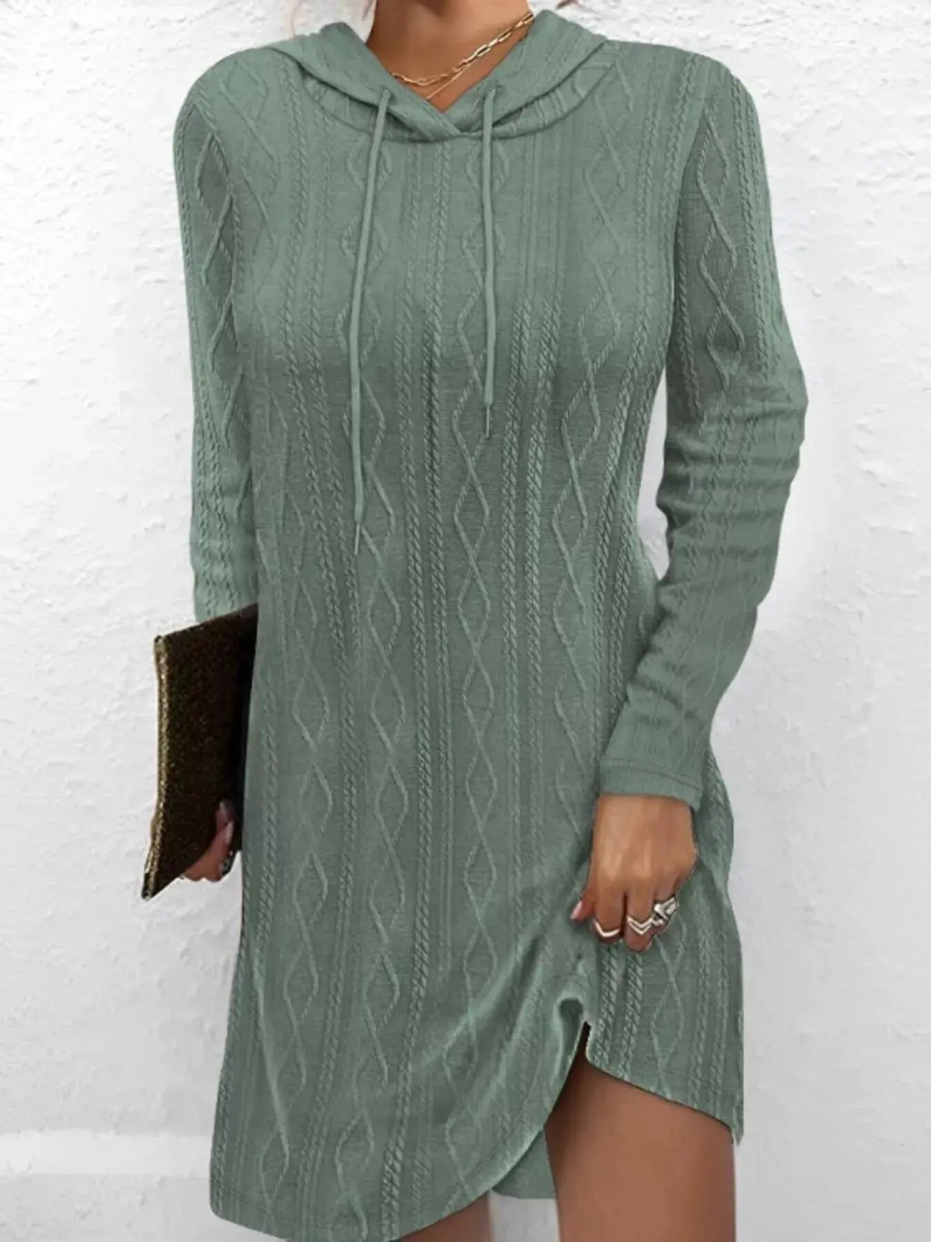 Casual Long Sleeve Hooded Cable Knit Dress With Drawstring Slit Simply Love