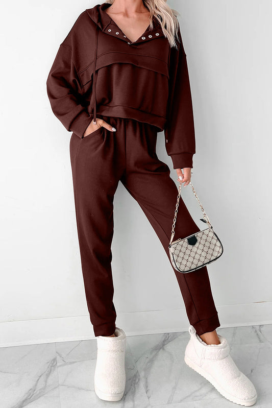 Chicory Coffee Button Drawstring Cropped Hoodie Jogger 2pcs Set Dear-Lover Dropshipping