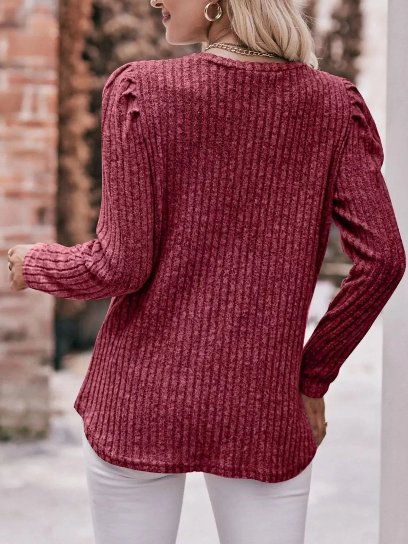 Ribbed Knit Puff Sleeve T-Shirt Simply Love