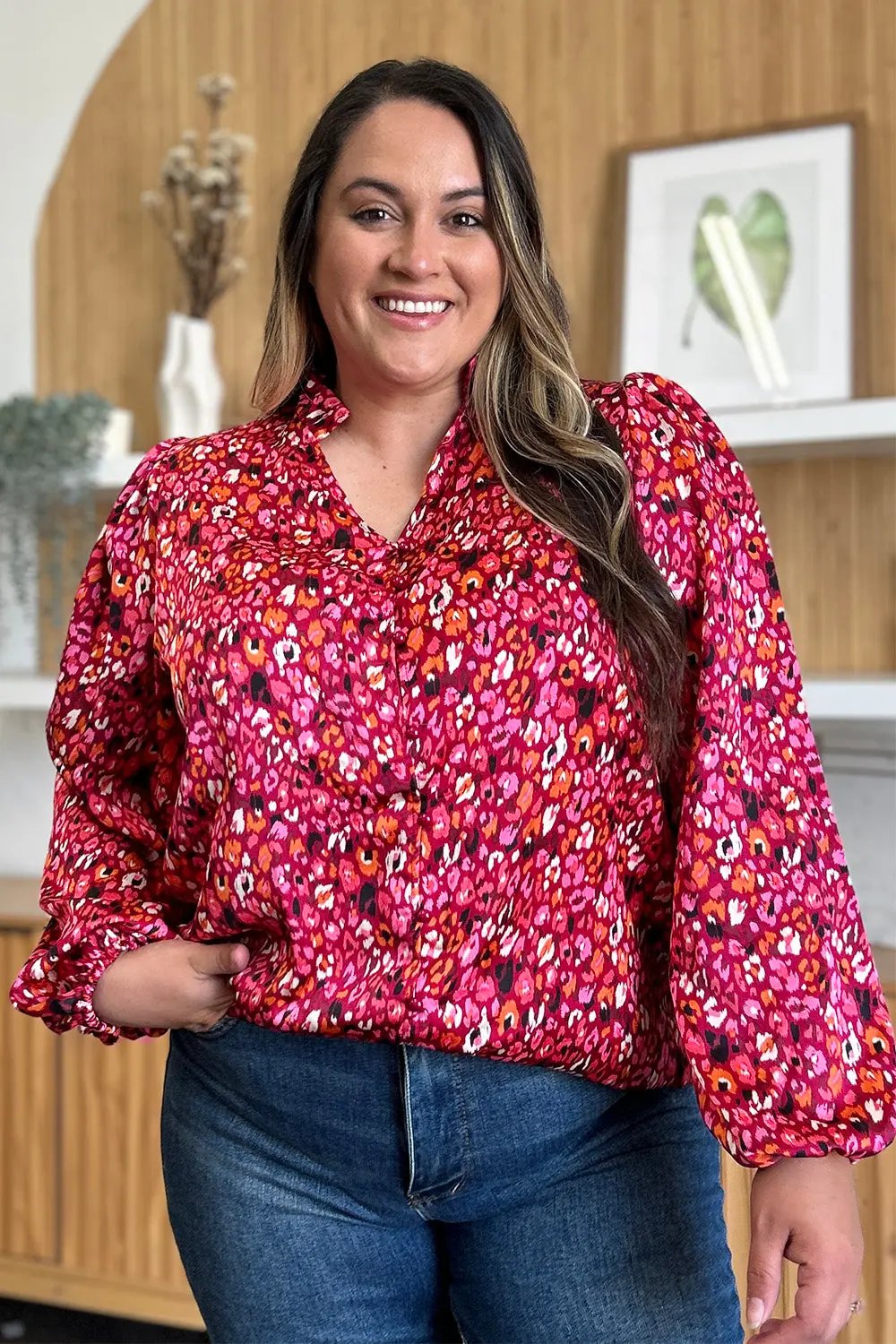 Double Take Full Size Printed Long Sleeve Blouse - Love Salve