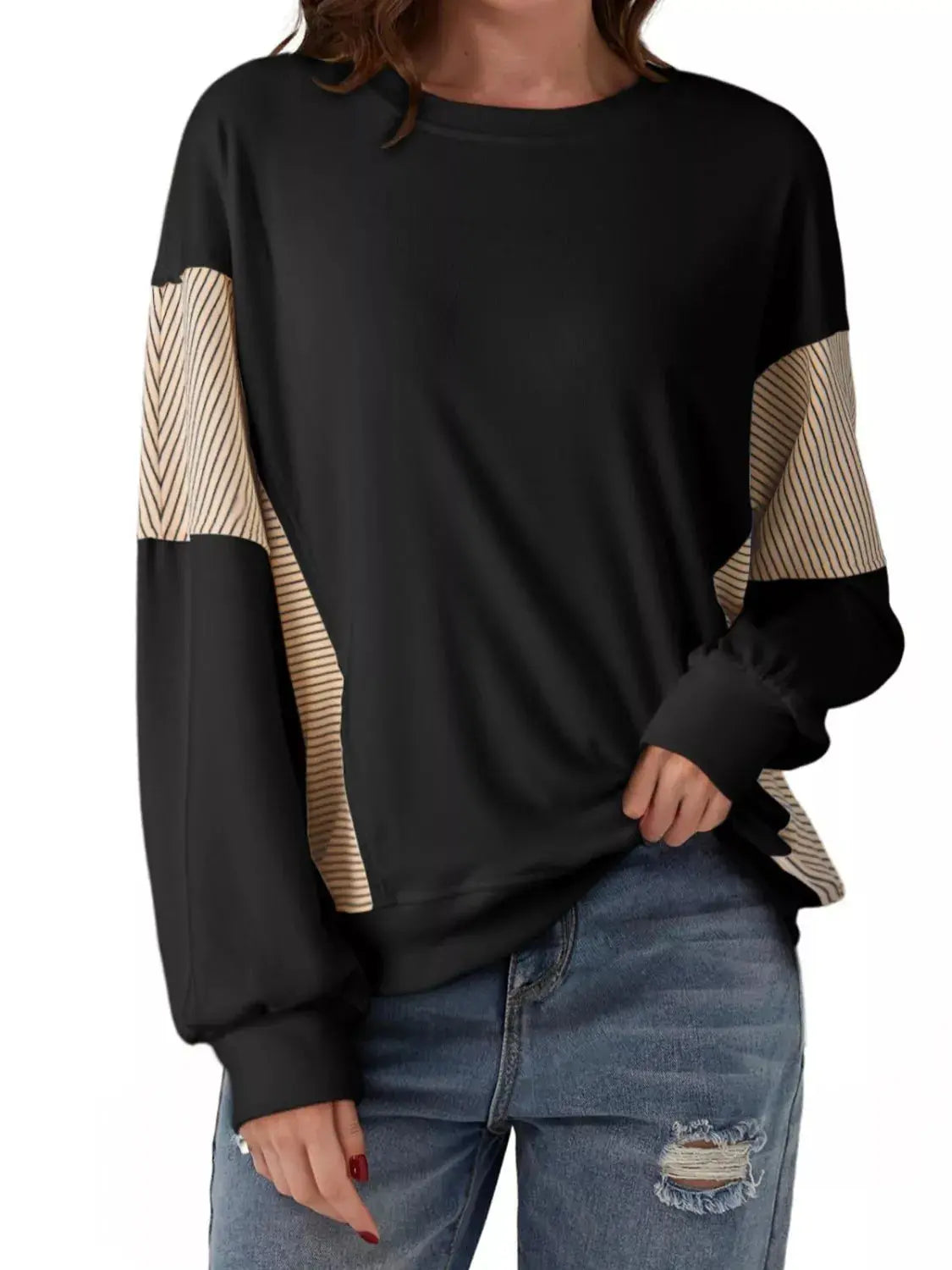 Color Block Striped Sleeve Casual Sweatshirt Simply Love