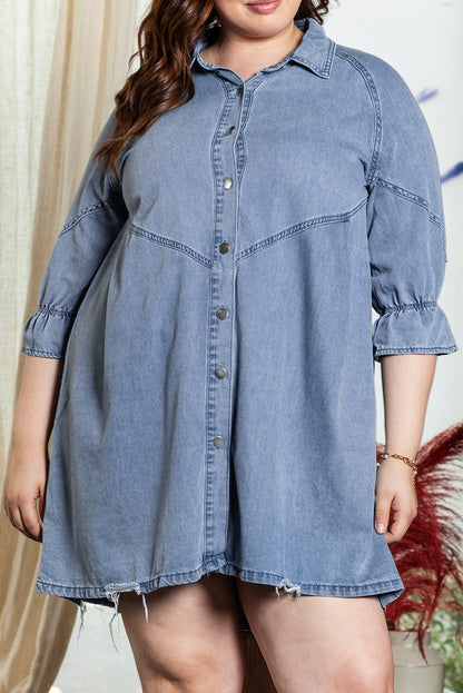 Light blue denim dress with ruffled sleeves and button front in plus sizes