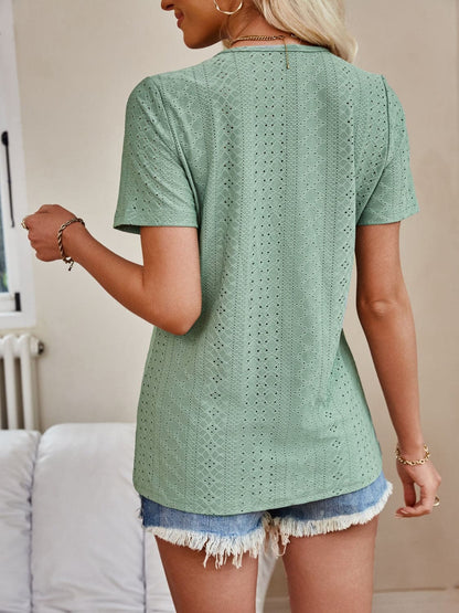 Eyelet V-Neck Short Sleeve Top.