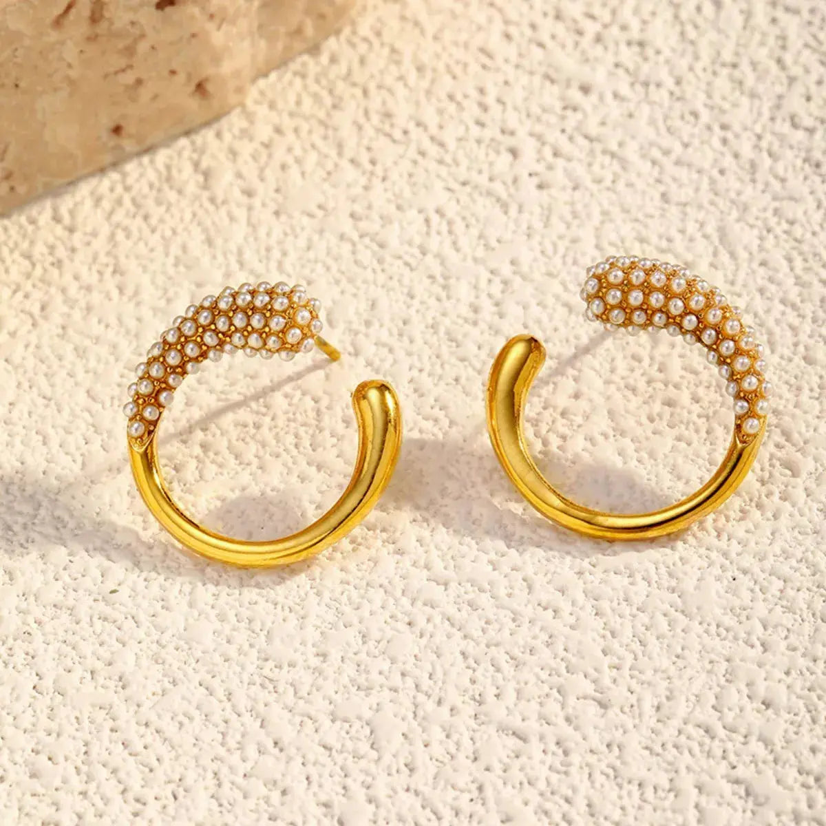 Gold Plated Synthetic Pearl Accented C Hoop Earrings Stainless Steel Simply Love