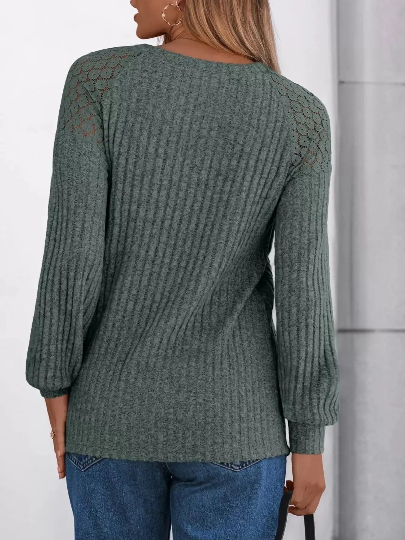 Ribbed Knit T-Shirt with Lace Shoulder Detail Simply Love