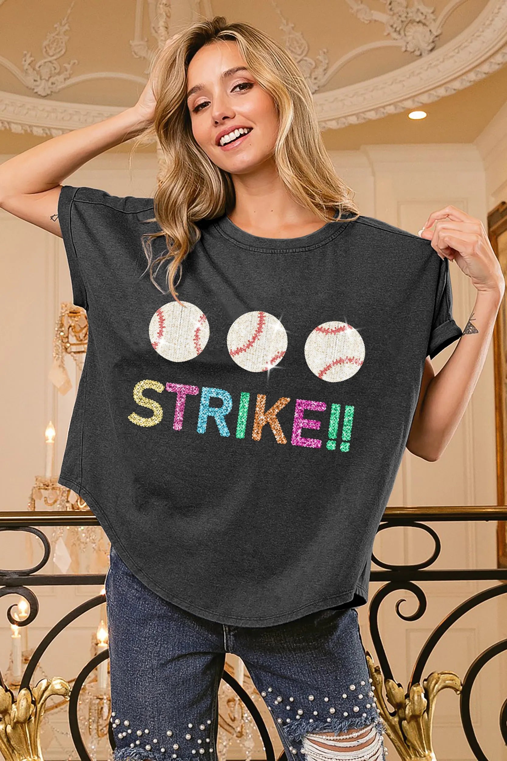 BiBi Sequin Baseballs Strike Washed Short Sleeve Top - Love Salve 