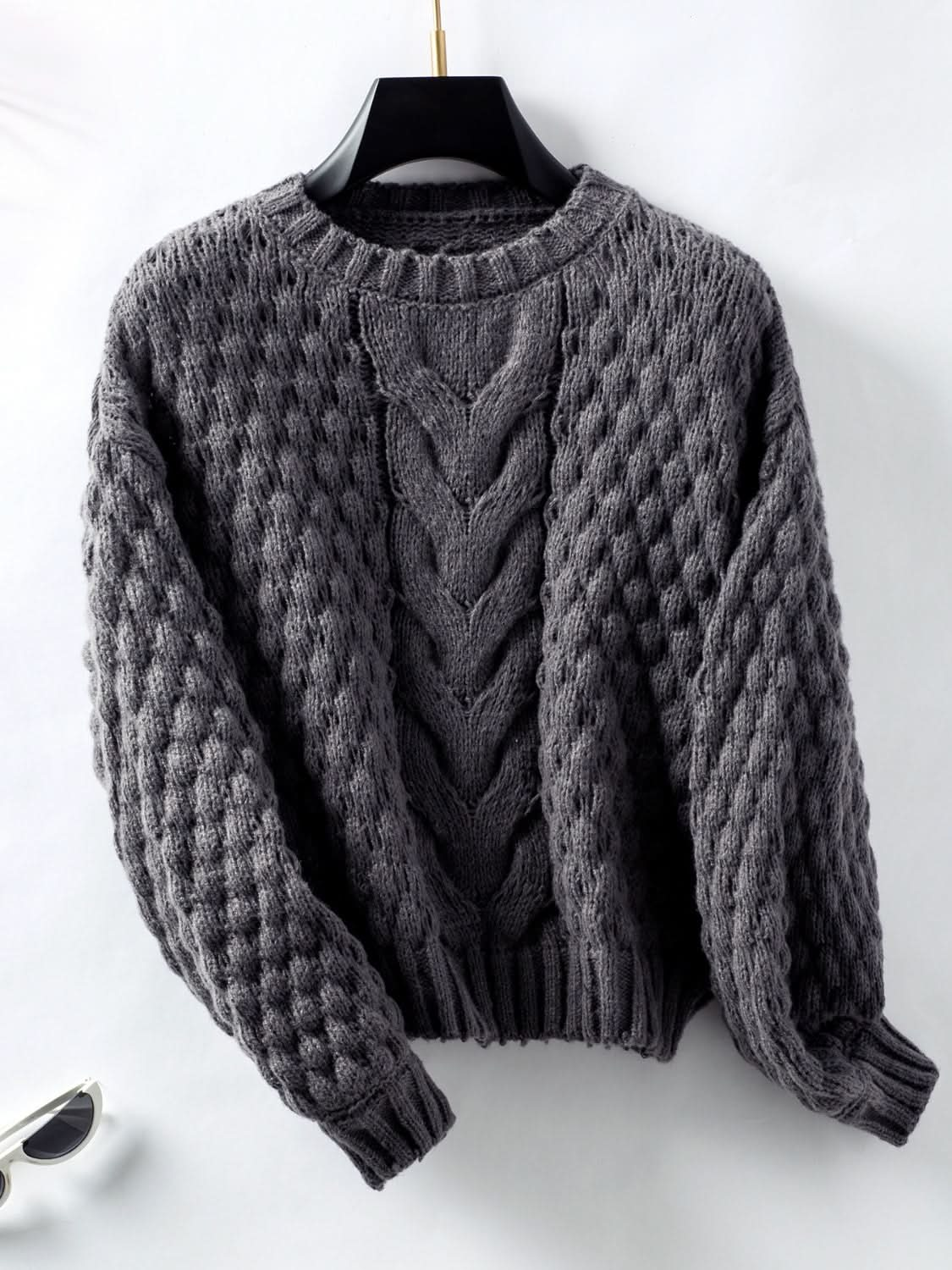 Cable-Knit Round Neck Long Sleeve Sweater