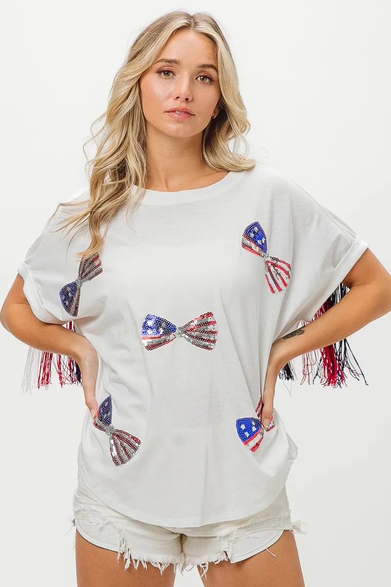 BiBi American Flag Sequin Ribbon T-Shirt - Love Salve 