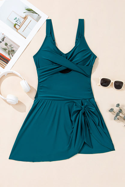 Sea Green Cutout Ruched High Waist One Piece Swim Dress with Adjustable Straps