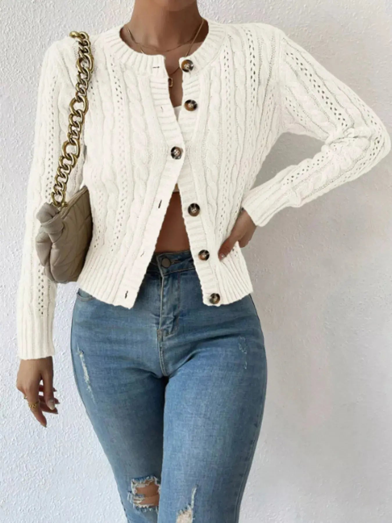 Cable Knit Button-Up Cardigan Simply Love