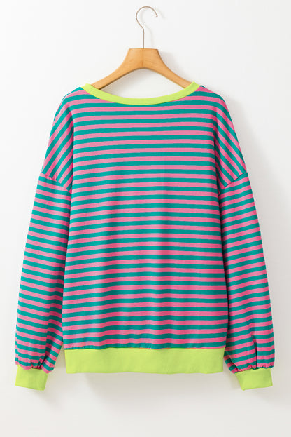 Trendy green striped oversized pullover with contrast detailing