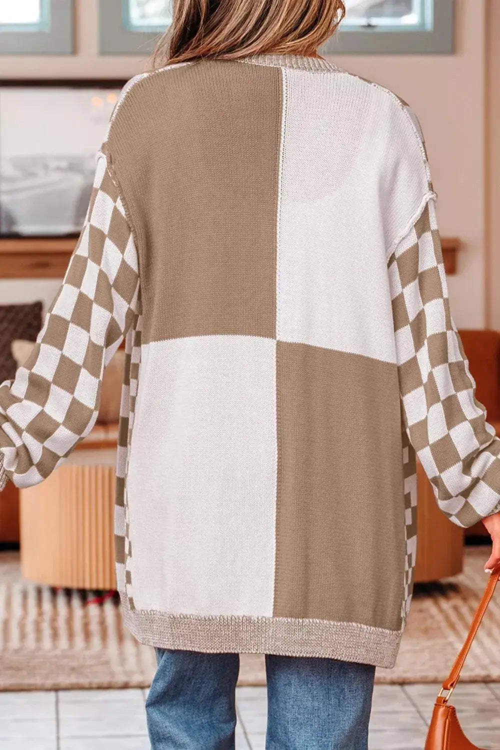 Checkerboard Print Open Front Knit Cardigan Simply Love