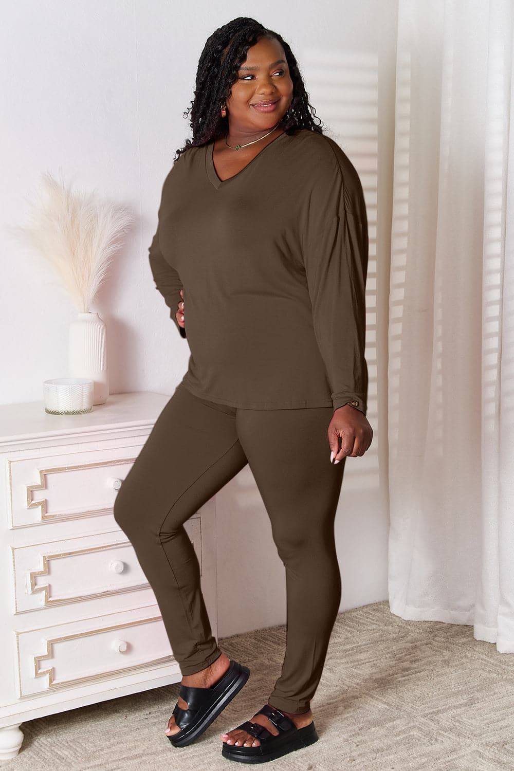 Basic Bae Bamboo Full Size V-Neck Long Sleeve Top and Pants Lounge Set.