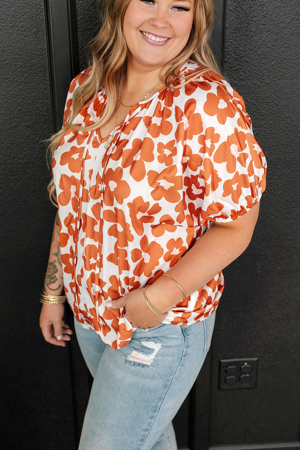 Floral Delight: Plus Size Orange V Neck Blouse with Drawstring Detail