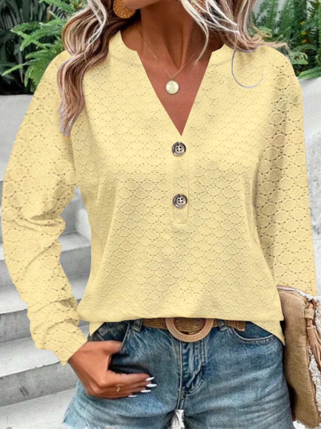 Eyelet Notched Long Sleeve T-Shirt.