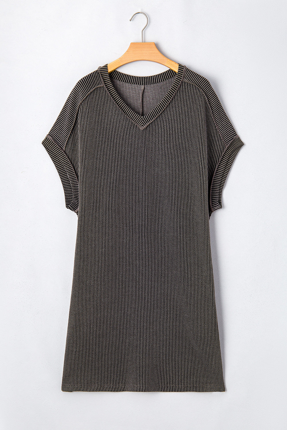 Carbon Grey Corded V Neck Plus Size T Shirt Dress With Pockets Dear-Lover Dropshipping