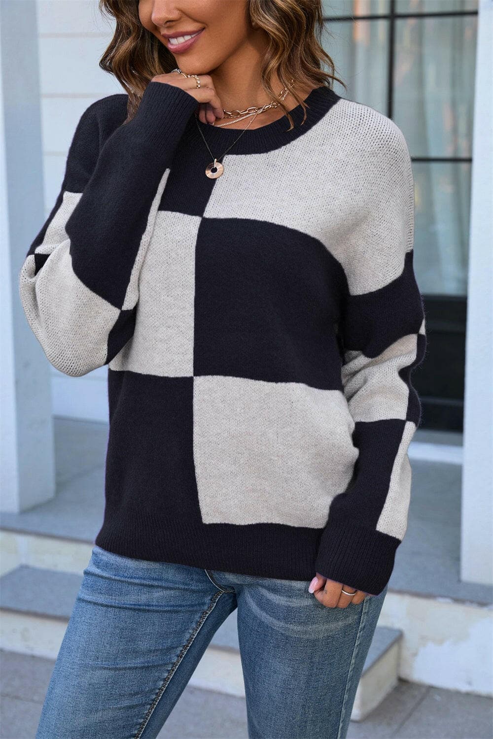 Color Block Round Neck Dropped Shoulder Sweater.