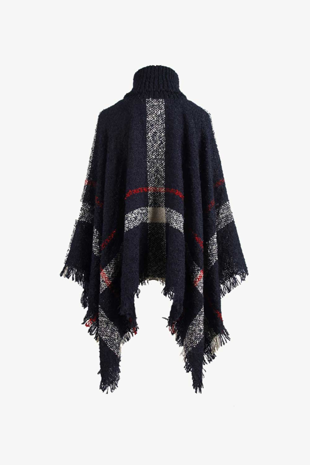 Plaid Turtleneck Raw Hem Poncho.