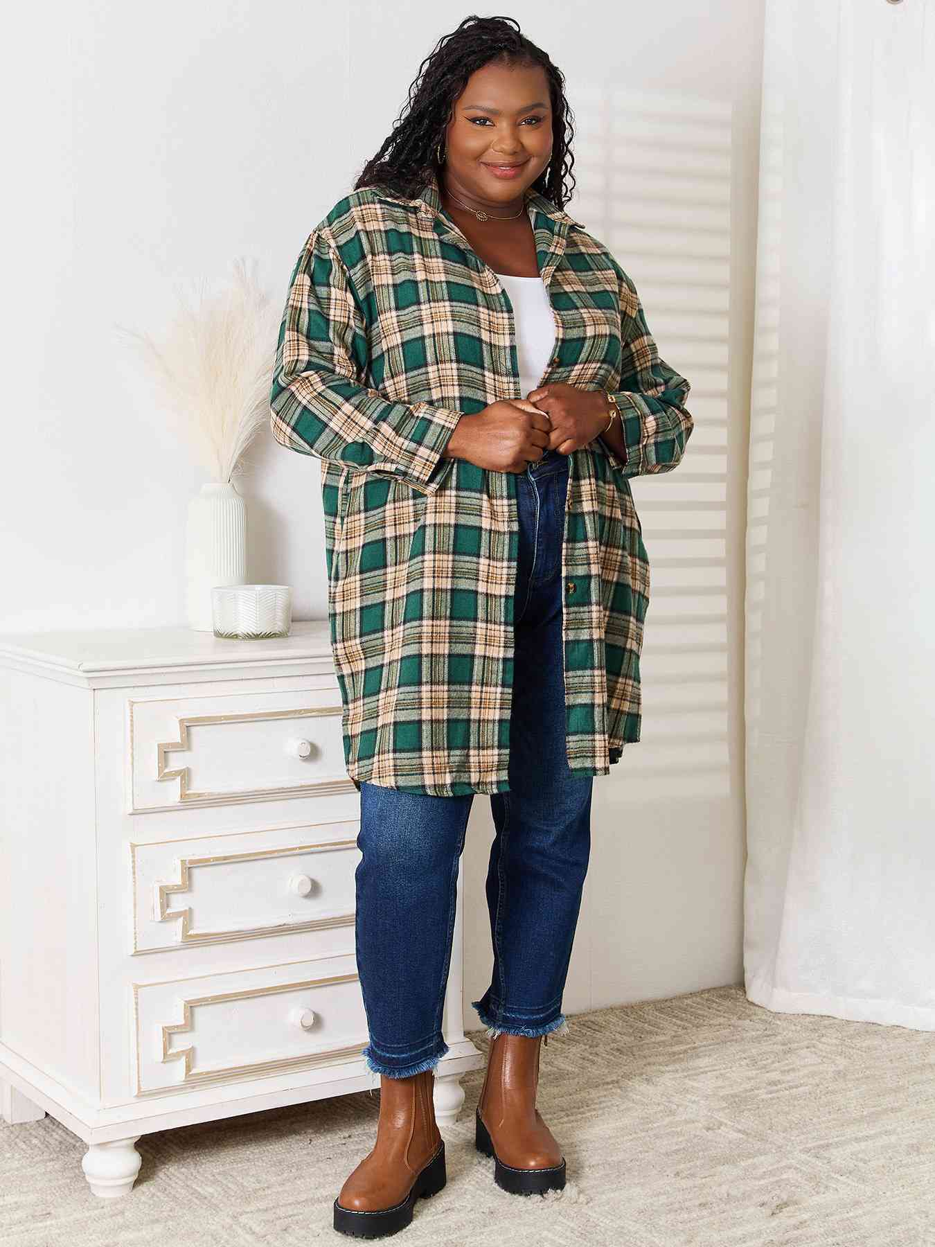 Double Take Plaid Collared Neck Long Sleeve Shirt - Love Salve
