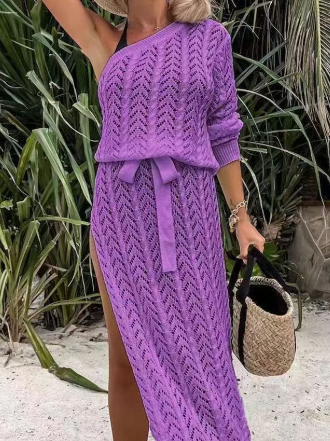 Slit Openwork Single Shoulder Knit Dress.