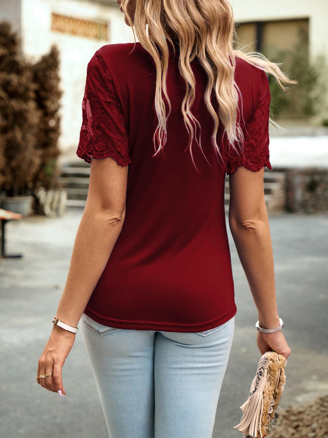 Lace Detail Round Neck Short Sleeve T-Shirt.