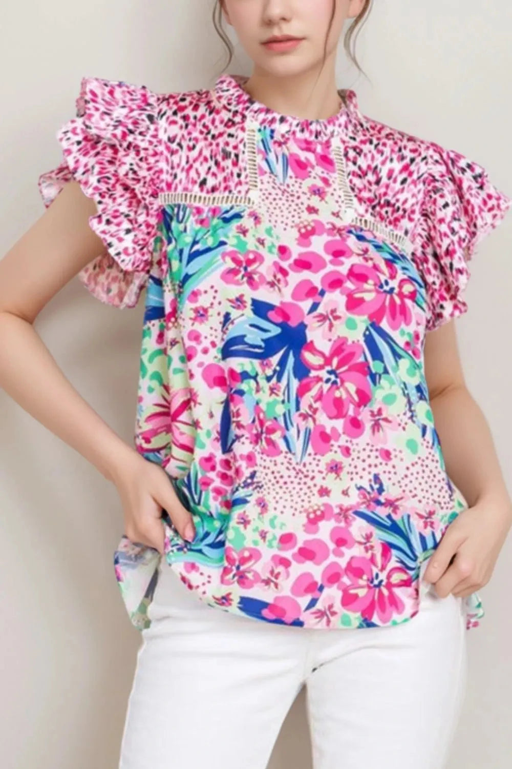 Floral Mixed Print Ruffle Cap Sleeve Blouse Simply Love